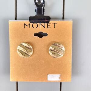 Monet Gold Tone Textured Round Pierced Earrings Vintage Style Jewelry, Gift Bag
